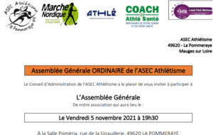 Invitation Assemblée Générale ORDINAIRE de l’ASEC Athlétisme Vendredi 5 novembre 2021 à 19h30